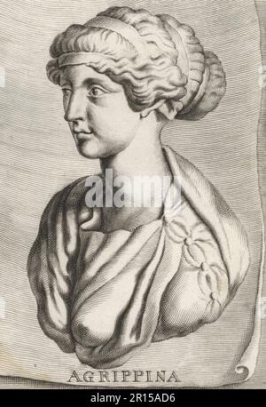 Julia Agrippina, ou Agrippina le plus jeune, née 15 AD à Cologne, est décédée 59 AD près de Baiae. Impératrice romaine, quatrième femme et nièce de l'empereur Claudius, mère de Néron. Agrippina. Gravure sur plaque de coperplate de Johannes Franck, d’après une illustration de Joachim von Sandrat de son Académie Todesca, della Architectura, Scucultura & Pittura, oder Teutsche Academie, der Edlen Bau- Bild- und Mahlerey-Kunste, Académie allemande d’architecture, de sculpture et de peinture, Jacob von Sandrart, Nuremberg, 1675. Banque D'Images