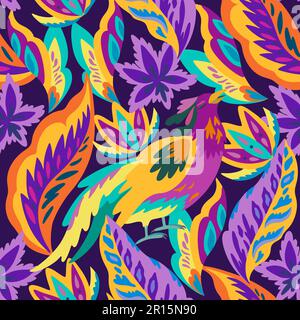 Motif coloré sans couture avec motif décoratif de conte de fées. Fantaisie oiseaux et fleurs et plantes formes et éléments organiques. Illustration moderne de vecteur tendance Illustration de Vecteur