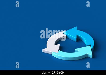 Trois flèches mettent à jour le symbole, 3D faire pivoter le symbole de cercle, 3D actualiser l'icône sur fond bleu. 3d rendu Banque D'Images