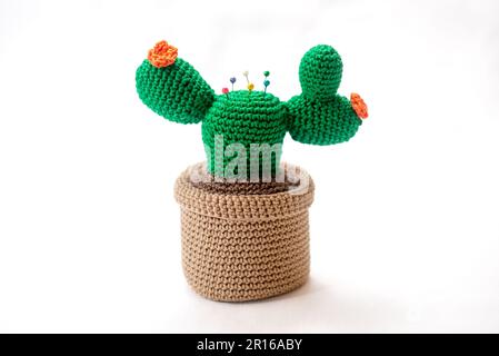 coussin en forme de cactus dans un pot, crocheté, sur fond blanc Banque D'Images