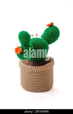 coussin en forme de cactus dans un pot, crocheté, sur fond blanc Banque D'Images