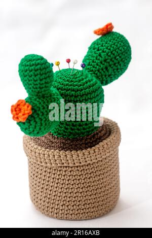 coussin en forme de cactus dans un pot, crocheté, sur fond blanc Banque D'Images