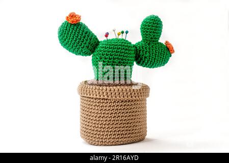 coussin en forme de cactus dans un pot, crocheté, sur fond blanc Banque D'Images