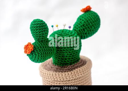 coussin en forme de cactus dans un pot, crocheté, sur fond blanc Banque D'Images