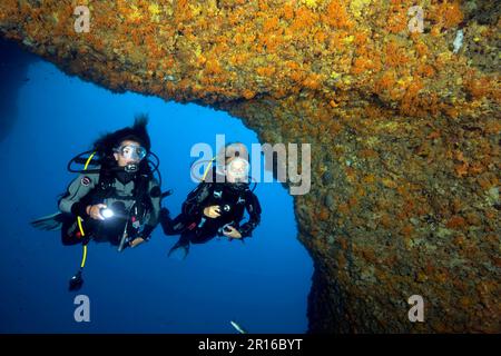 Plongeur dans la grotte de Nereus, Grotta di Nereo, Capo Caccia, Alghero, Sardaigne, Italie, Europe, Mer méditerranée Banque D'Images