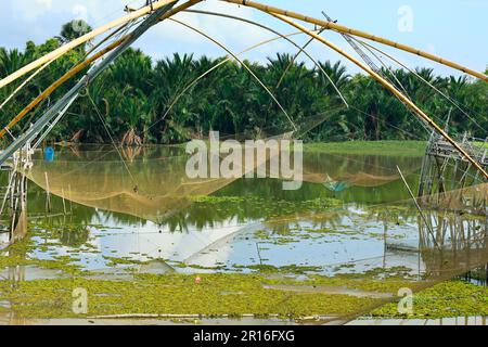 Vue aérienne de la ferme traditionnelle de poissons et de poissons de Phatthalung en Thaïlande Banque D'Images