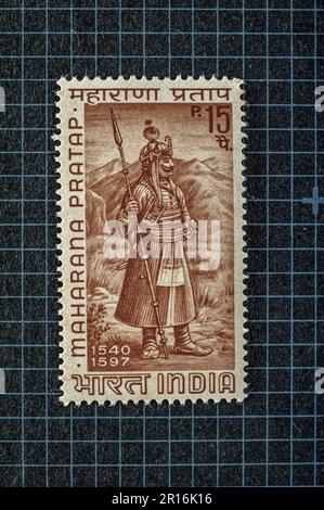 03 26 2014 TIMBRE postal de MENTHE Vintage de Maharana Pratap 1540-1597 Studioshohot Lokgram Kalyan Maharashtra Inde.Asie. Banque D'Images