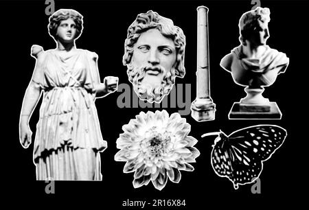 Éléments de montage en demi-ton dans un style de magazine tendance. Statue, rose, fleur, papillon. Illustration vectorielle avec formes de découpe punk vintage grunge Illustration de Vecteur