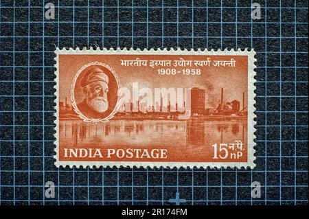 03 26 2014 TIMBRE postal Vintage MINT du Jubilé d'or de l'industrie de l'acier 1908-1958 Studioshothot Lokgram Kalyan Maharashtra Inde.Asie. Banque D'Images
