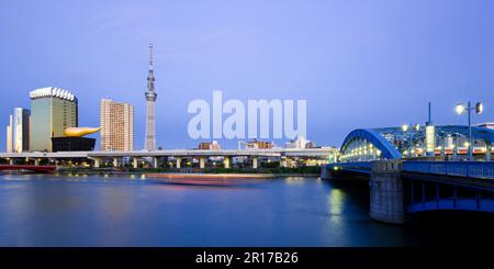 Sky Tree de Tokyo, pont de Komagata, rivière Sumida et sentier lumineux d'un navire Banque D'Images