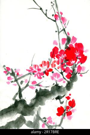 Une branche d'un arbre en fleur. Fleurs stylisées roses et rouges de prune mei, abricots sauvages et sakura . Aquarelle et encre en style sumi-e Banque D'Images