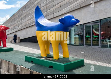 Liverpool, Royaume-Uni. 11th mai 2023. A Superlambanana' aux couleurs du drapeau ukrainien se trouve à l'extérieur du musée de Liverpool. Le Concours Eurovision de la chanson qui a été remporté l'année dernière par l'Ukraine qui ne peuvent pas accueillir cette année consort en raison de la guerre en cours avec la Russie. (Photo par Dave Rushen/SOPA Images/Sipa USA) crédit: SIPA USA/Alay Live News Banque D'Images