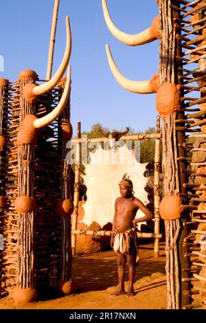 Warrior à l'entrée de la tribu Zoulou Native de l'Afrique du Sud au Centre de Shakaland Banque D'Images