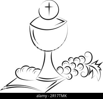 Motif brodé First Communion. Eucharistie en Chalice avec raisins et blé pour impression ou utilisation comme affiche, carte, prospectus ou T-shirt Illustration de Vecteur