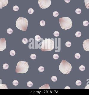 Motif aquarelle sans coutures avec coques et perles. Peinture à la main des objets de vie sous-marins de clipart sur un fond blanc isolé. Pour les designers, la décoration Banque D'Images