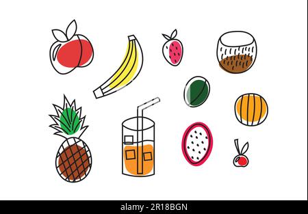 Illustrations de l'ensemble de fruits tendance et tendance. Dessin animé plat style scandinave objets colorés. Illustration de Vecteur