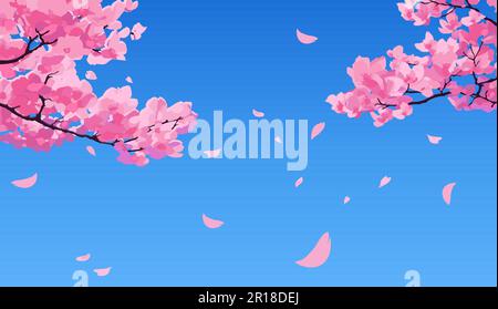 Branche de sakura rose avec pétales tombant sur fond bleu vif du ciel. Image vectorielle en style manga et anime. Illustration de Vecteur
