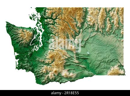 L'état américain de Washington. Rendu 3D très détaillé de la carte de relief ombré avec les rivières et les lacs. Coloré par élévation. Créé avec des données satellite Banque D'Images