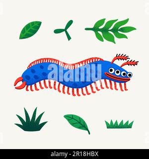 Mignon monstre vecteur de dessin animé. Personnage monstre centipede ou insecte de chenille avec texture à la piqûre. Illustration dessinée à la main dans Vector Bold Modern Illustration de Vecteur