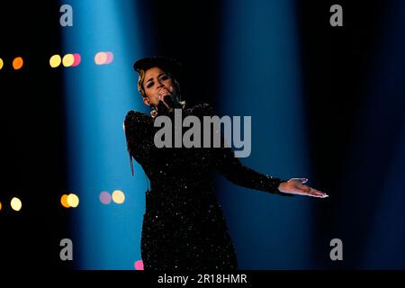 La Zarra en France lors de la répétition de la finale du Concours Eurovision Song à la M&S Bank Arena de Liverpool. Date de la photo: Vendredi 12 mai 2023. Banque D'Images