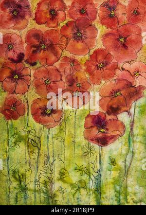 Coquelicots sur le terrain, aquarelle griffée. La technique de tabouillage près des bords donne un effet de flou en raison de la rugosité de la surface modifiée de la p Banque D'Images