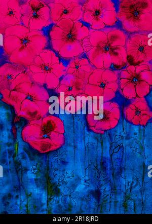 Coquelicots rose psychédélique lumineux avec fond bleu. La technique de tabouillage près des bords donne un effet de flou en raison de la surface altérée rugueuse Banque D'Images