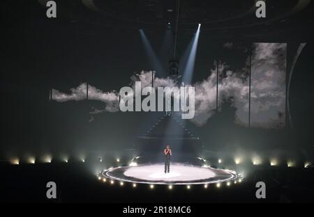 Marco Mengoni, un participant italien, lors de la répétition de la finale du concours Eurovision Song à la M&S Bank Arena de Liverpool. Date de la photo: Vendredi 12 mai 2023. Banque D'Images