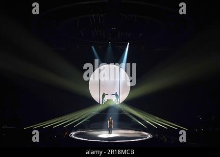 Marco Mengoni, un participant italien, lors de la répétition de la finale du concours Eurovision Song à la M&S Bank Arena de Liverpool. Date de la photo: Vendredi 12 mai 2023. Banque D'Images