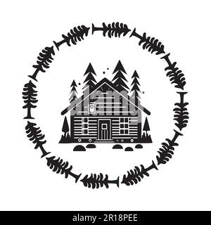 Chalet en bois dans l'illustration vectorielle de style scandi Linocut. Chalet alpin dans le village de vacances de campagne dessin animé. Illustration de Vecteur