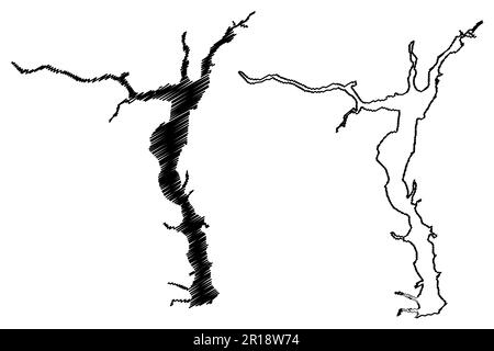 Réservoir Gorky (Russie, Fédération de Russie, Volga River) carte illustration vectorielle, esquisse griffée carte de la station hydroélectrique Gorky ou de la mer Gorky Illustration de Vecteur
