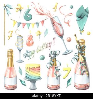 Ensemble de fête avec champagne rose en bouteilles et verres, avec gâteau, drapeaux, confetti et chiffres. Illustration aquarelle, dessinée à la main. Isolé Banque D'Images