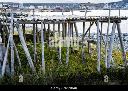 Séchoirs en bois de morue salée et édifices historiques éloignés surplombant l'océan Atlantique à Bonavista Terre-Neuve-et-Labrador Canada. Banque D'Images