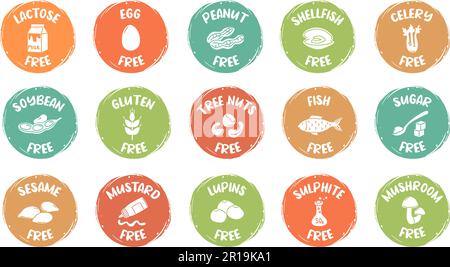 Icônes sans allergènes dessinées à la main. Affiche que les produits alimentaires sont sans danger pour les personnes allergiques, sans sucre, lactose et gluten badge autocollants ensemble vectoriel Illustration de Vecteur