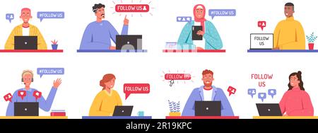 Suivez-nous. Badges créatifs sur les réseaux sociaux avec message d'offre pour vous abonner ou rejoindre la communauté et le jeu d'illustrations vectorielles de personnages de dessins animés Illustration de Vecteur