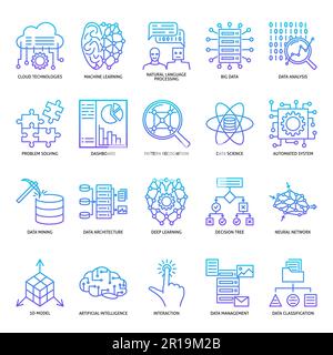 Icône de réseau neuronal d'ordinateur définie en style ligne. Symboles d'apprentissage en profondeur de la machine. Illustration vectorielle. Illustration de Vecteur