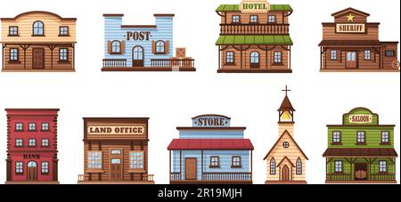 Bâtiments sauvages de l'ouest. Maisons de ville de l'Ouest, saloon en bois et bureau de shérif, ensemble d'illustrations vectorielles Illustration de Vecteur