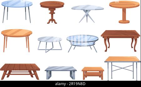 Table de dessin animé. Mobilier en bois, métal et verre pour le café et la décoration. Salle à manger cuisine bureau, restaurant et table basse scénario ensemble Illustration de Vecteur