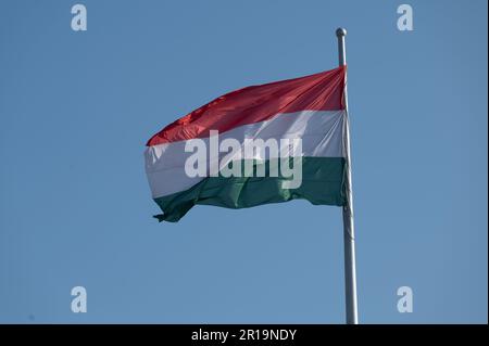 Drapeau national de la Hongrie volant d'un mât contre un ciel bleu Banque D'Images