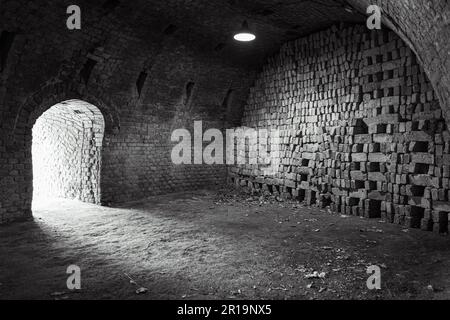 Prise de vue en niveaux de gris d'un intérieur en brique illuminé par la lumière naturelle qui traverse une porte voûtée Banque D'Images