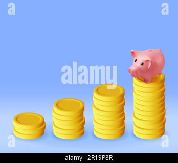 3D Banque Piggy et piles de pièces de plus en plus nombreuses Illustration de Vecteur