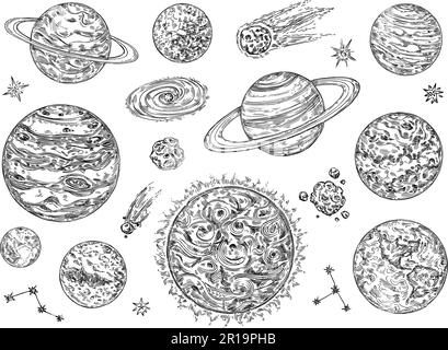 Esquisser les planètes du système solaire. Ensemble d'illustrations vectorielles de comète, de lune, d'étoile, de galaxie et d'objets spatiaux dessinées à la main Illustration de Vecteur