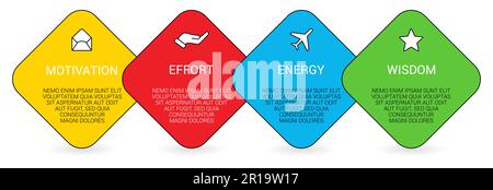 Quatre carrés pivotés sur le biais disposés les uns à côté des autres peuvent être utilisés comme élément infographique illustrant les étapes du processus Illustration de Vecteur