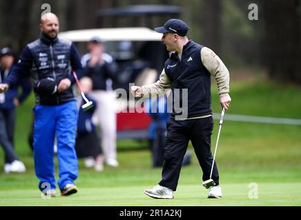 Brendan Lawlor célèbre le 18th après avoir remporté l'Open de G4D au Woburn Golf Club de Milton Keynes. Date de la photo: Vendredi 12 mai 2023. Banque D'Images