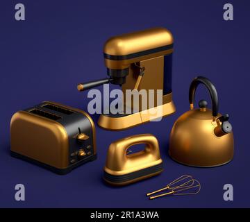 Machine à café expresso, mixeur plongeant, bouilloire et grille-pain pour préparer le petit déjeuner sur fond bleu. 3d rendu de la cafetière pour préparer du café latte Banque D'Images
