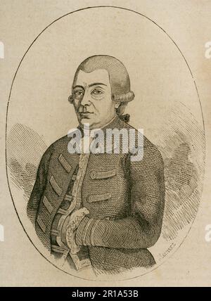 Felipe Veciana Dosset (Felip Veciana i Dosset) (Valls, 1733-Valls, 1798). Troisième commandant des escadrons de Catalogne, du 10 avril 1762 au 14 février 1798. Fils de Pere Màrtir Veciana i Civit, qu'il succéda comme commandant du corps. Portrait. Gravure. Historia de las Escuadras de Cataluña, 1876. Banque D'Images