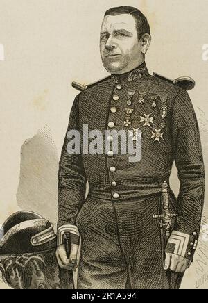 José Antonio Vidal Pujadas (Josep Anton Vidal i Pujadas) (Botarell, 1804-l'Arboç, 1889). Commandant général des escadrons de Catalogne (Esquadres de Catalunya) du 31 janvier 1854 au 15 avril 1869. Portrait. Gravure par Llopis. Historia de las Escuadras de Cataluña, 1876. Banque D'Images