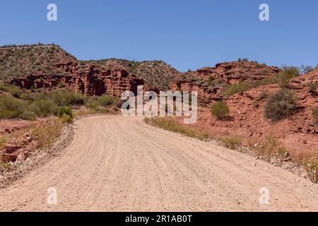 Conduire à travers le magnifique paysage rougeâtre du parc provincial Ischigualasto dans la province de San Juan, Argentine - voyager en Amérique du Sud Banque D'Images