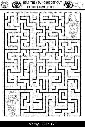 Sous la mer, labyrinthe géométrique noir et blanc pour les enfants avec hippocampe. Activité imprimable préscolaire Ocean Line. Page de coloration de labyrinthe d'eau. Aidez Illustration de Vecteur