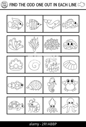 Trouvez l'étrange. Sous la mer, activité logique noir et blanc. Questionnaire éducatif Ocean Life Line pour les enfants sur les compétences d'attention. Simple Illustration de Vecteur