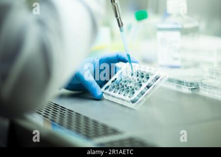 Un chimiste portant des gants de protection menant une expérience scientifique en laboratoire Banque D'Images